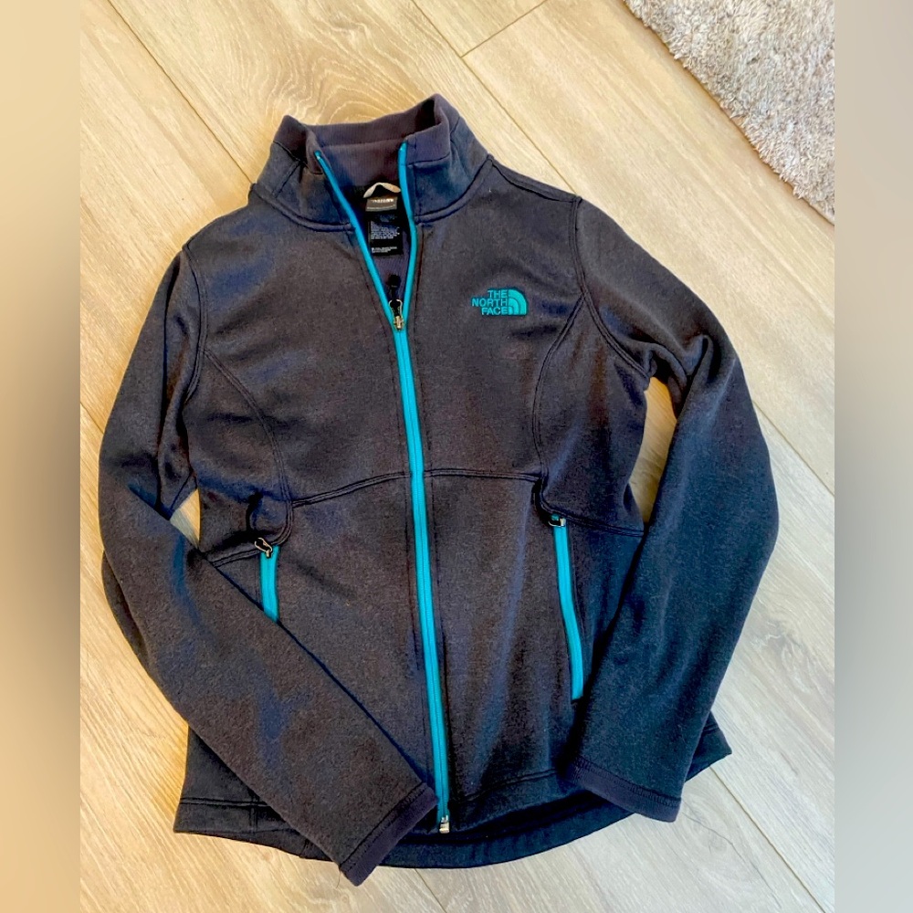 North Face- fleece grey/teal jacket. Size Small